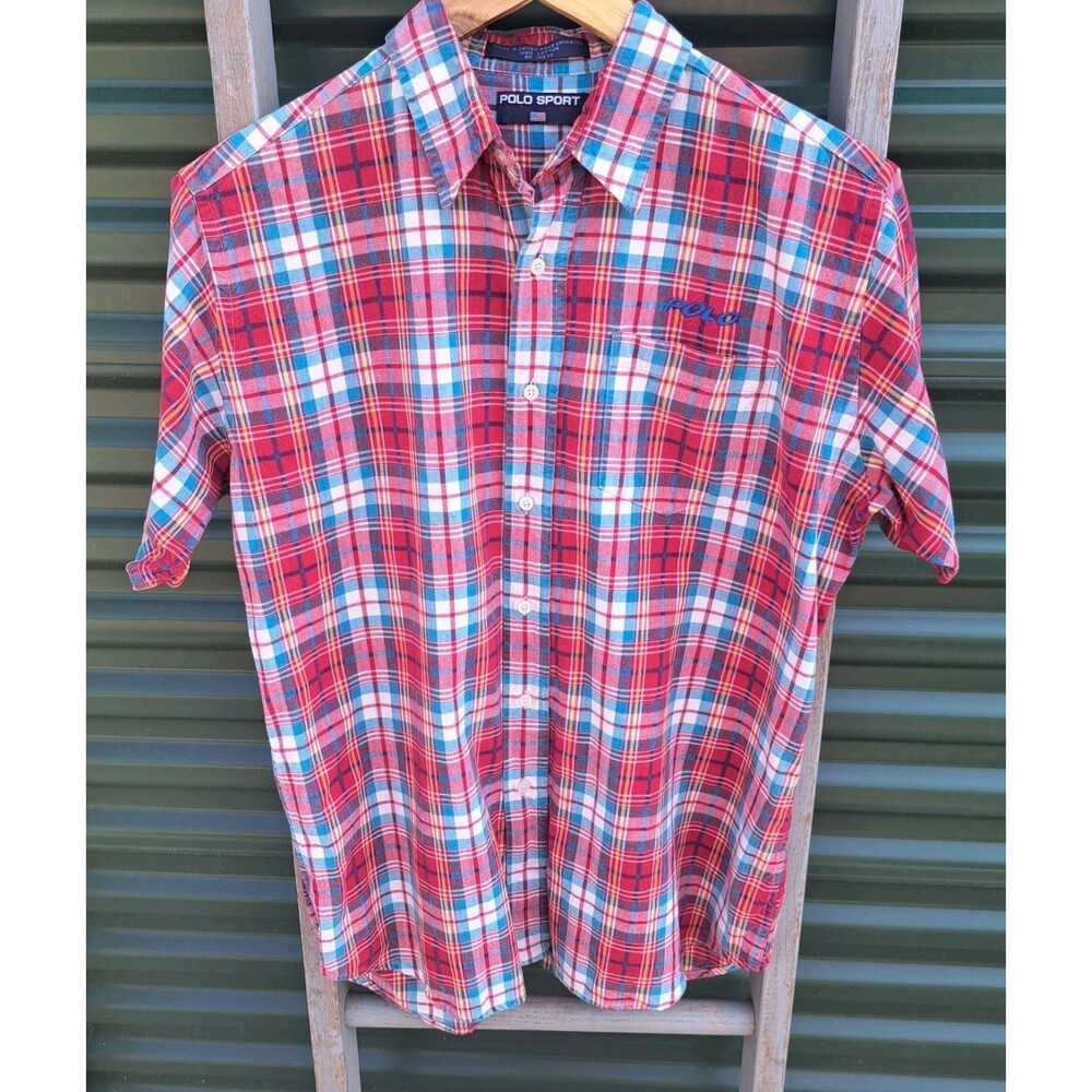 Vintage Ralph Lauren Polo Sport Short Sleeve Shirt XL Men's Plaid Red Blue 90's